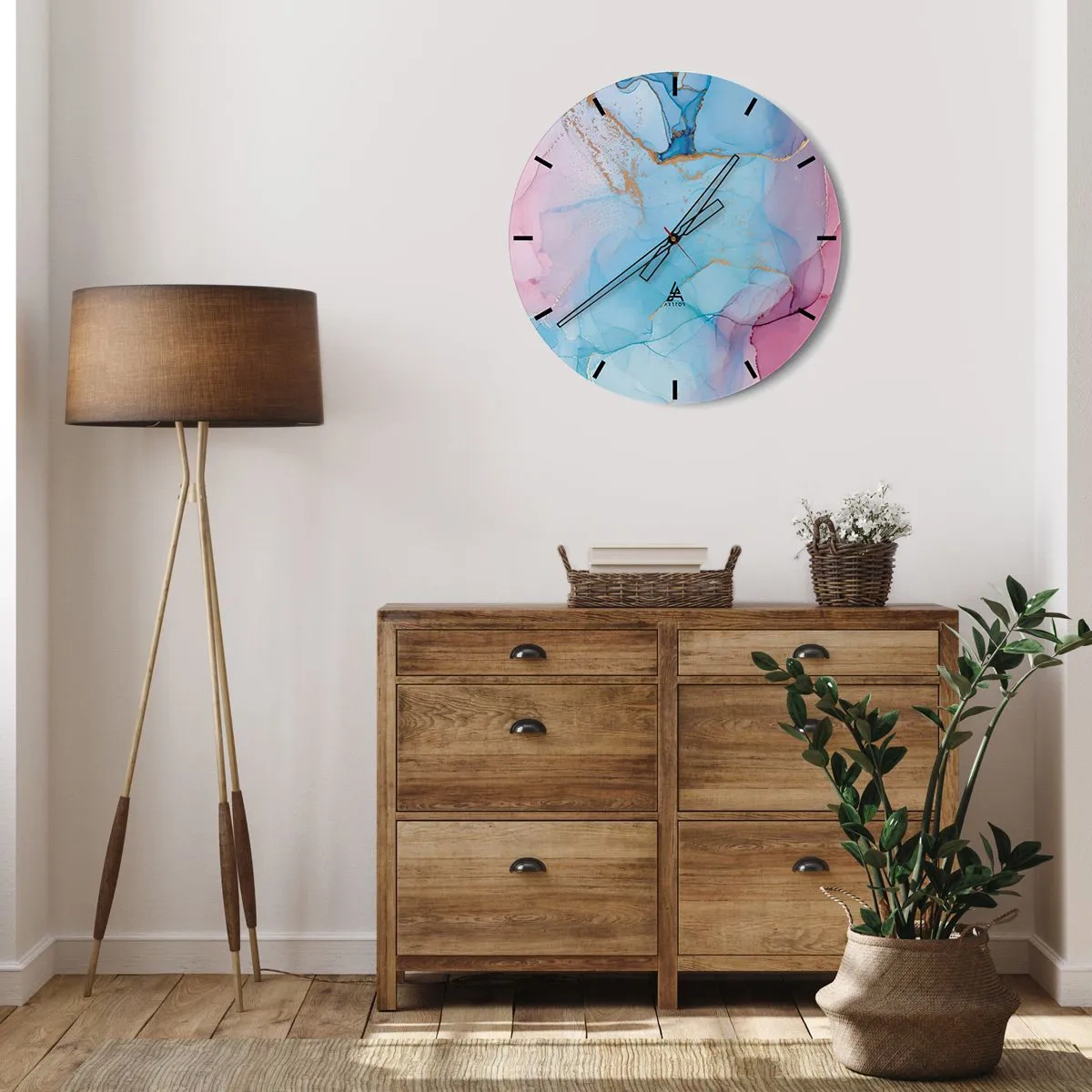 Wanduhr - Glasuhr - Abstraktion in Pastellfarben mit goldenen Akzenten - 30x30cm - Begegnung und Durchdringung - Moderne Wanddekoration für Wohnzimmer, Küche und Schlafzimmer ARTTOR