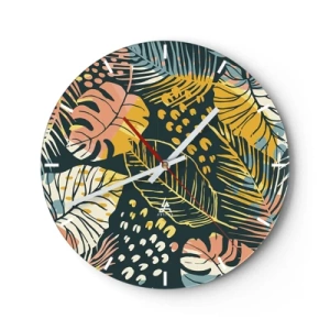 Wanduhr - Glasuhr - Buntes tropisches Blattmuster auf dunklem Hintergrund - 30x30cm - Grüne Fantasie - Moderne Wanddekoration für Wohnzimmer, Küche und Schlafzimmer ARTTOR