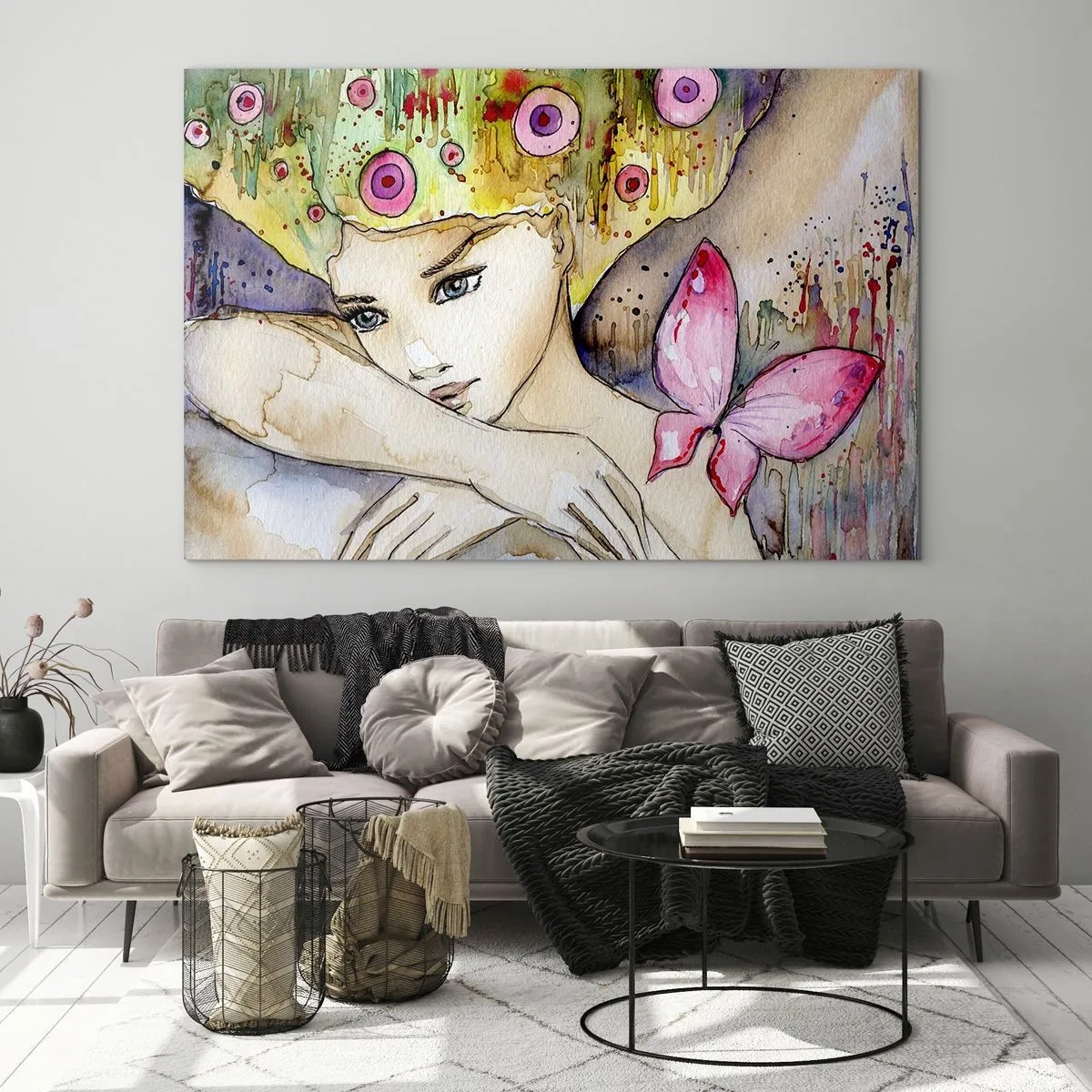 Glasbild - Bild auf glas - Porträt einer Frau mit bunter Frisur und einem Schmetterling in Aquarell - 70x50cm - Schmetterlingsprinzessin - Moderne Wanddekoration für Wohnzimmer und Schlafzimmer ARTTOR