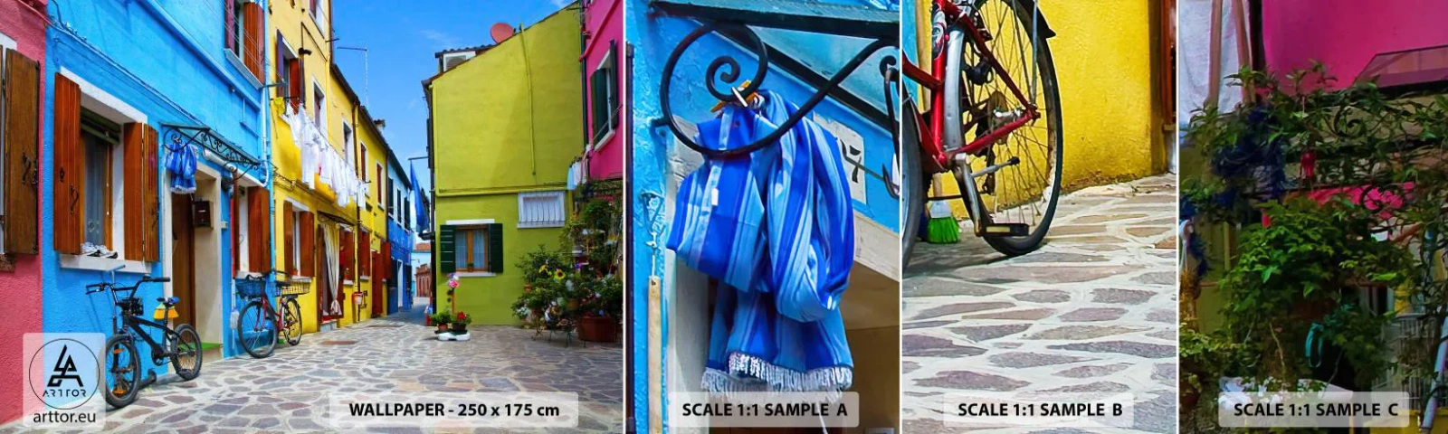 Fototapeten Muster Selbstklebend Deluxe Sticker - Pastell, süße Gasse - Stadt, Fahrräder, Gasse - 100x30 cm