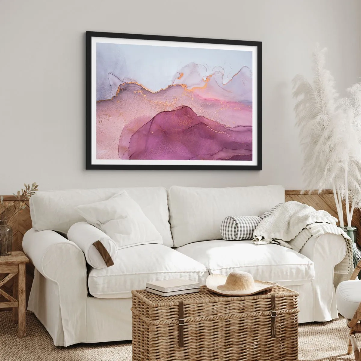 Poster in einem schwarzem Rahmen - Eine abstrakte Komposition in Lila- und Goldtönen. - 100x70cm - Violett und lila Wellen - Moderne Wanddekoration für Wohnzimmer und Schlafzimmer ARTTOR