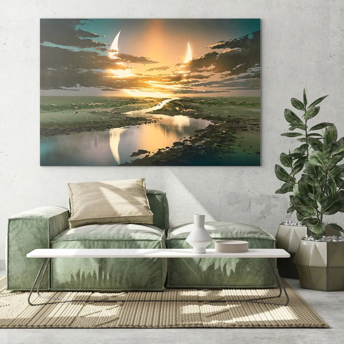 Glasbild - Bild auf glas - Eine fantastische Landschaft mit einem Doppelmond über dem Fluss - 70x50cm - Irgendwo in einer weit, weit entfernten Galaxie - Moderne Wanddekoration für Wohnzimmer und Schlafzimmer ARTTOR