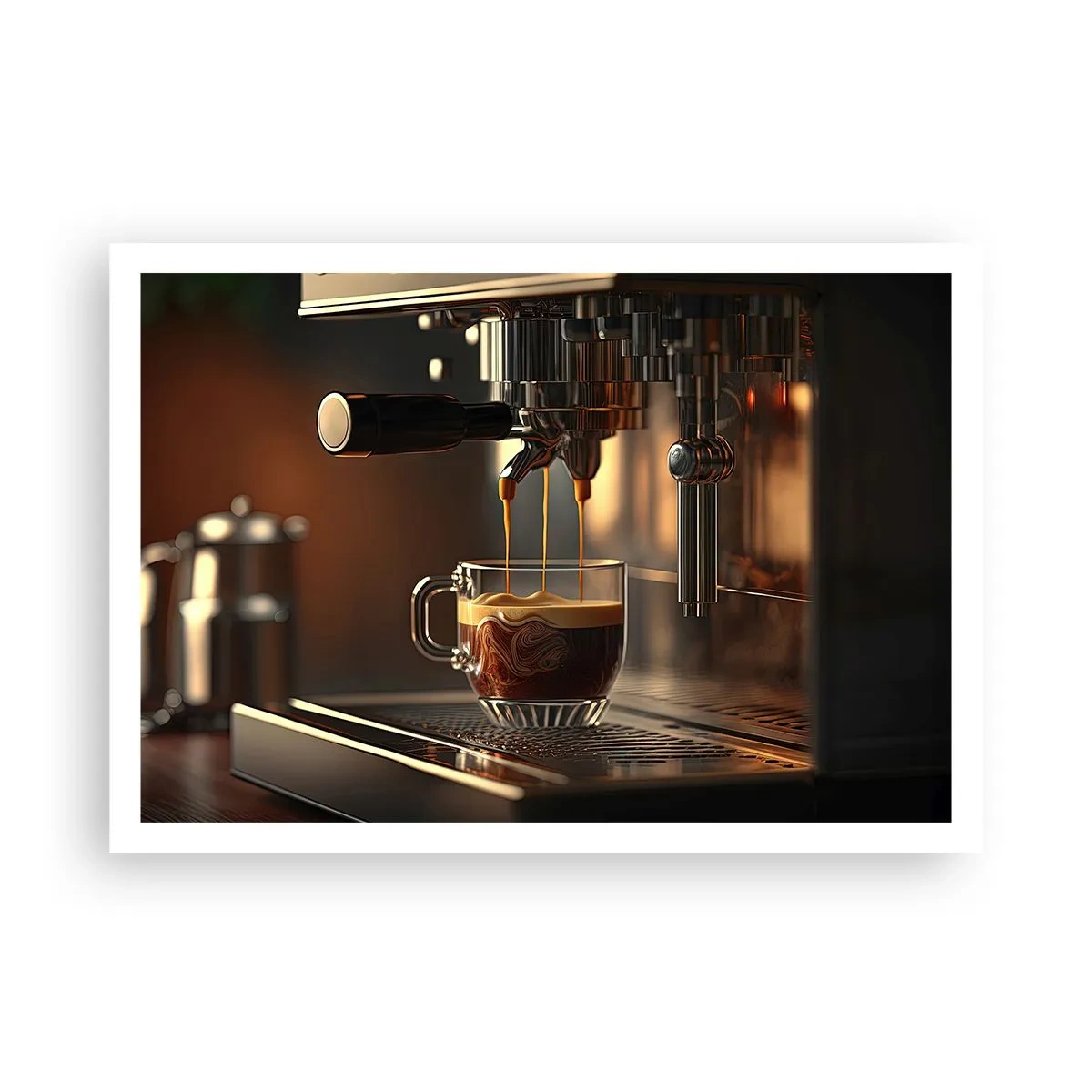 Poster - Kaffeemaschine mit einer Tasse aromatischem Espresso - 100x70cm - Sinnliche Mischung - Moderne Wanddekoration für Wohnzimmer und Schlafzimmer ARTTOR
