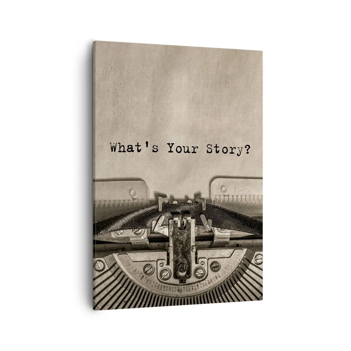 Bild auf Leinwand - Leinwandbild - Eine Schreibmaschine mit den Worten „Was ist Ihre Geschichte?“ - 50x70cm - Erzähl es mir - Moderne Wanddekoration für Wohnzimmer und Schlafzimmer ARTTOR