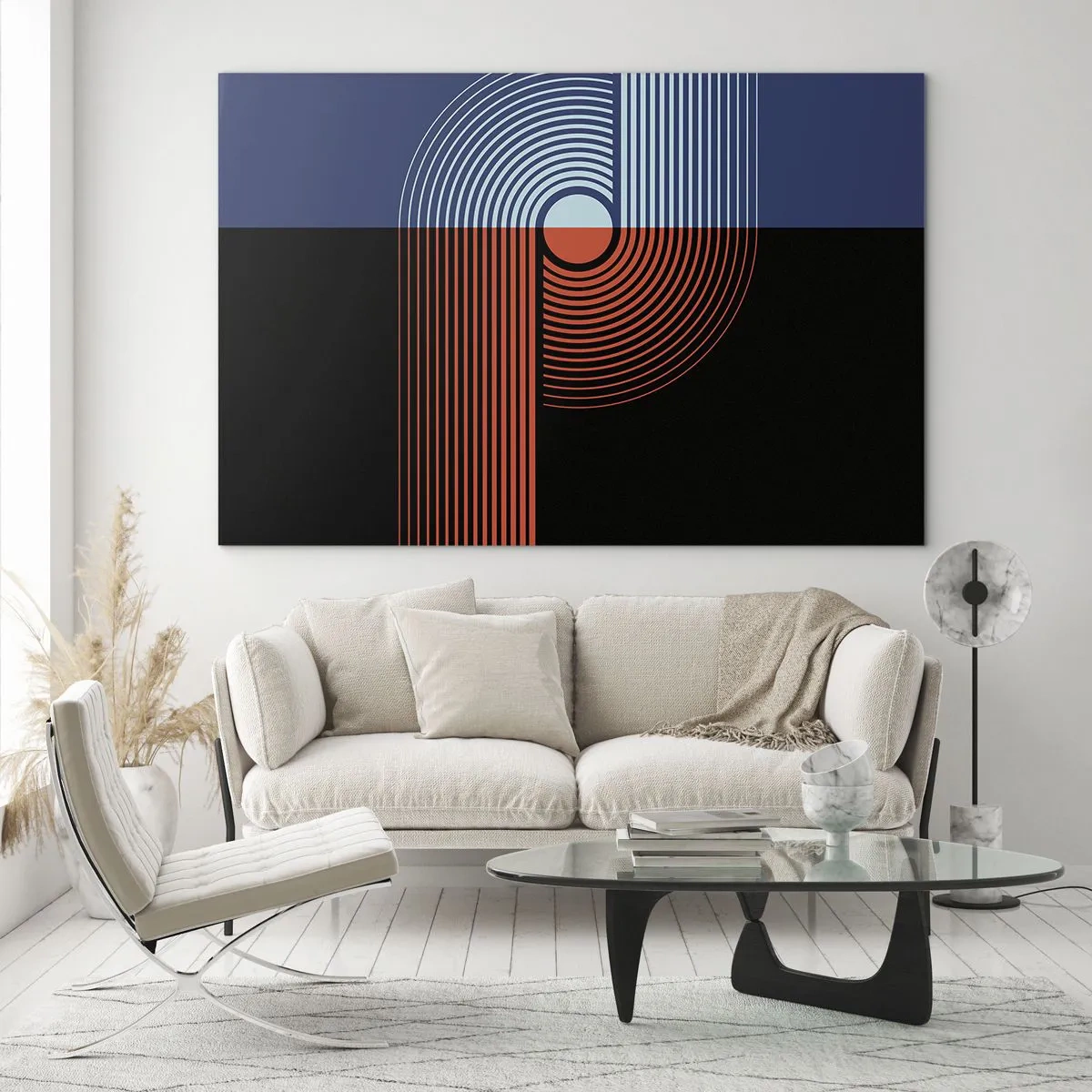 Glasbild - Bild auf glas - Moderne geometrische Grafiken in Kontrastfarben - 70x50cm - In einer geometrischen Umarmung - Moderne Wanddekoration für Wohnzimmer und Schlafzimmer ARTTOR