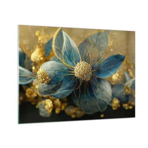 Glasbild - Bild auf glas - Blaue und goldene Blumen mit einem luxuriösen Gefühl - 70x50cm - Mit Gold blühen - Moderne Wanddekoration für Wohnzimmer und Schlafzimmer ARTTOR