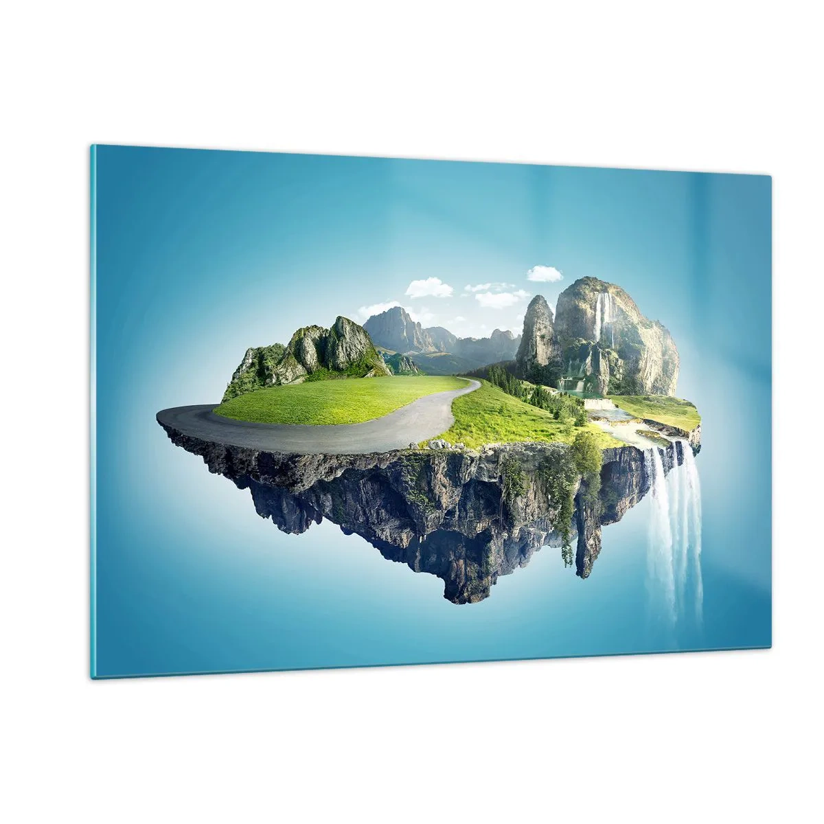 Glasbild - Bild auf glas - Eine schwimmende Insel mit Bergen, einem Wasserfall und viel Grün - 120x80cm - Fantastische Insel - Moderne Wanddekoration für Wohnzimmer und Schlafzimmer ARTTOR