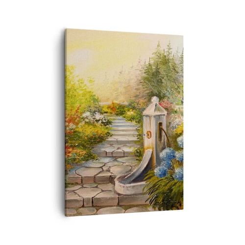Bild auf Leinwand - Leinwandbild - Ein malerischer Garten mit einem Brunnen und bunten Blumen - 50x70cm - In voller Blüte - Moderne Wanddekoration für Wohnzimmer und Schlafzimmer ARTTOR