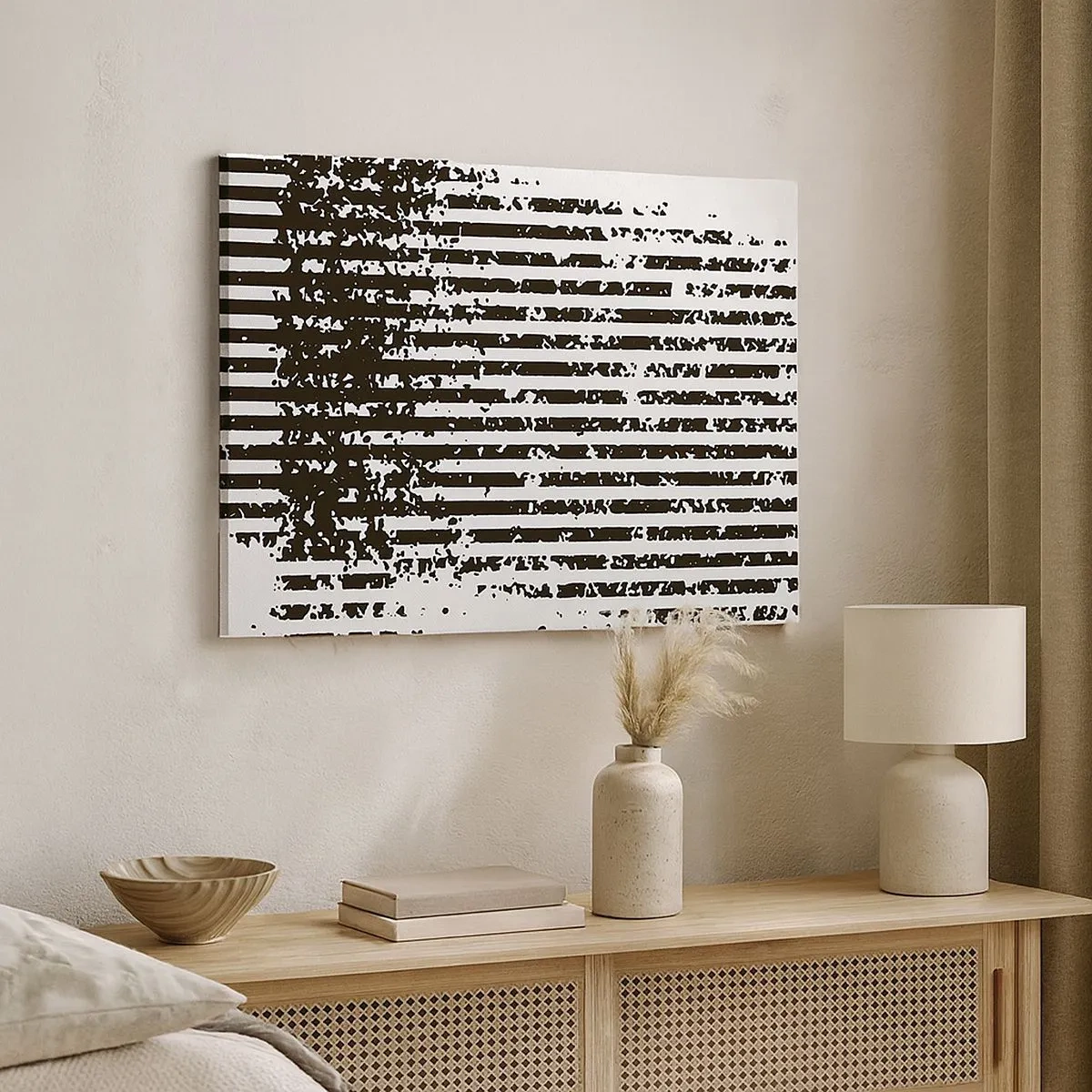 Bild auf Leinwand - Leinwandbild - Abstrakte Linien mit Distressed-Effekt in Schwarz und Weiß - 70x50cm - Rhythmus und Rauschen - Moderne Wanddekoration für Wohnzimmer und Schlafzimmer ARTTOR