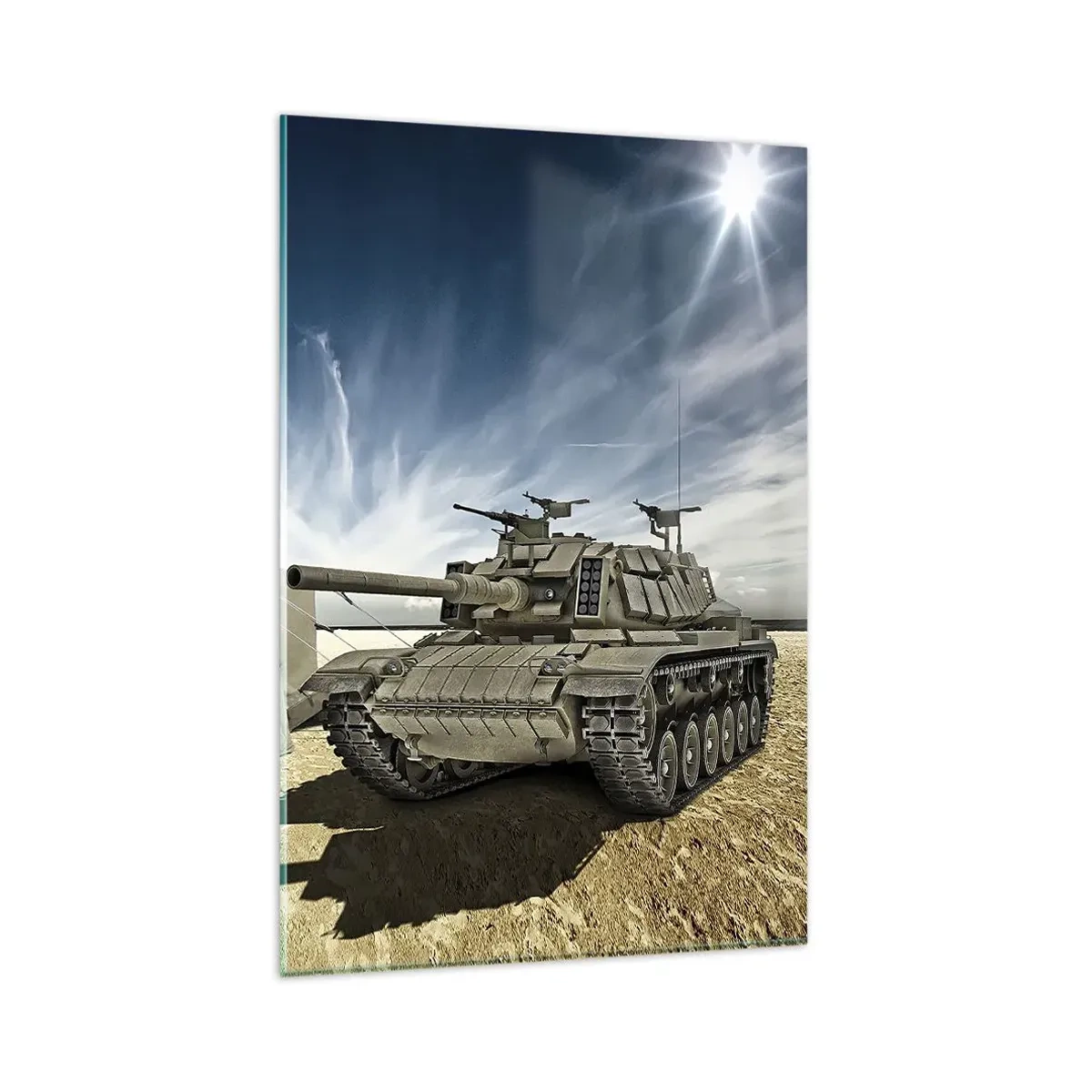 Glasbild - Bild auf glas - Ein Panzer neben einem Militärzelt in einer Wüstengegend - 80x120cm - Ein militärischer Traum - Moderne Wanddekoration für Wohnzimmer und Schlafzimmer ARTTOR