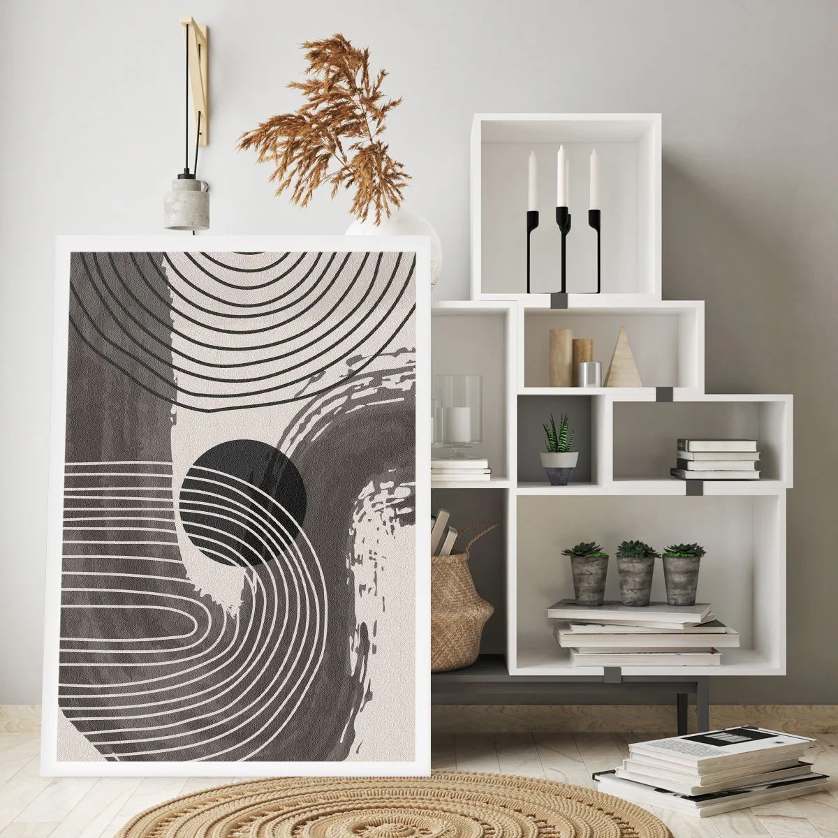 Poster - Geometrische Abstraktion in Grau- und Schwarztönen - 50x70cm - Oval gewinnt - Moderne Wanddekoration für Wohnzimmer und Schlafzimmer ARTTOR