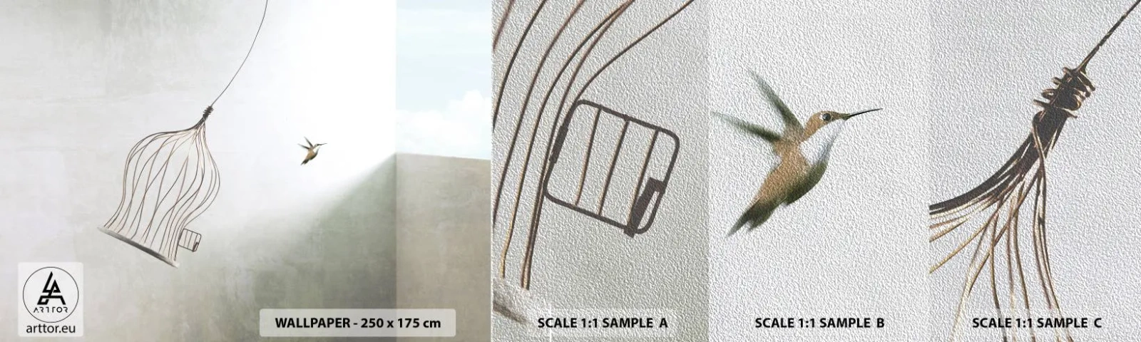 Fototapeten Muster Premium Sand - In seinem Element - Abstraktion, Vogel, Vogelkäfig - 100x30 cm