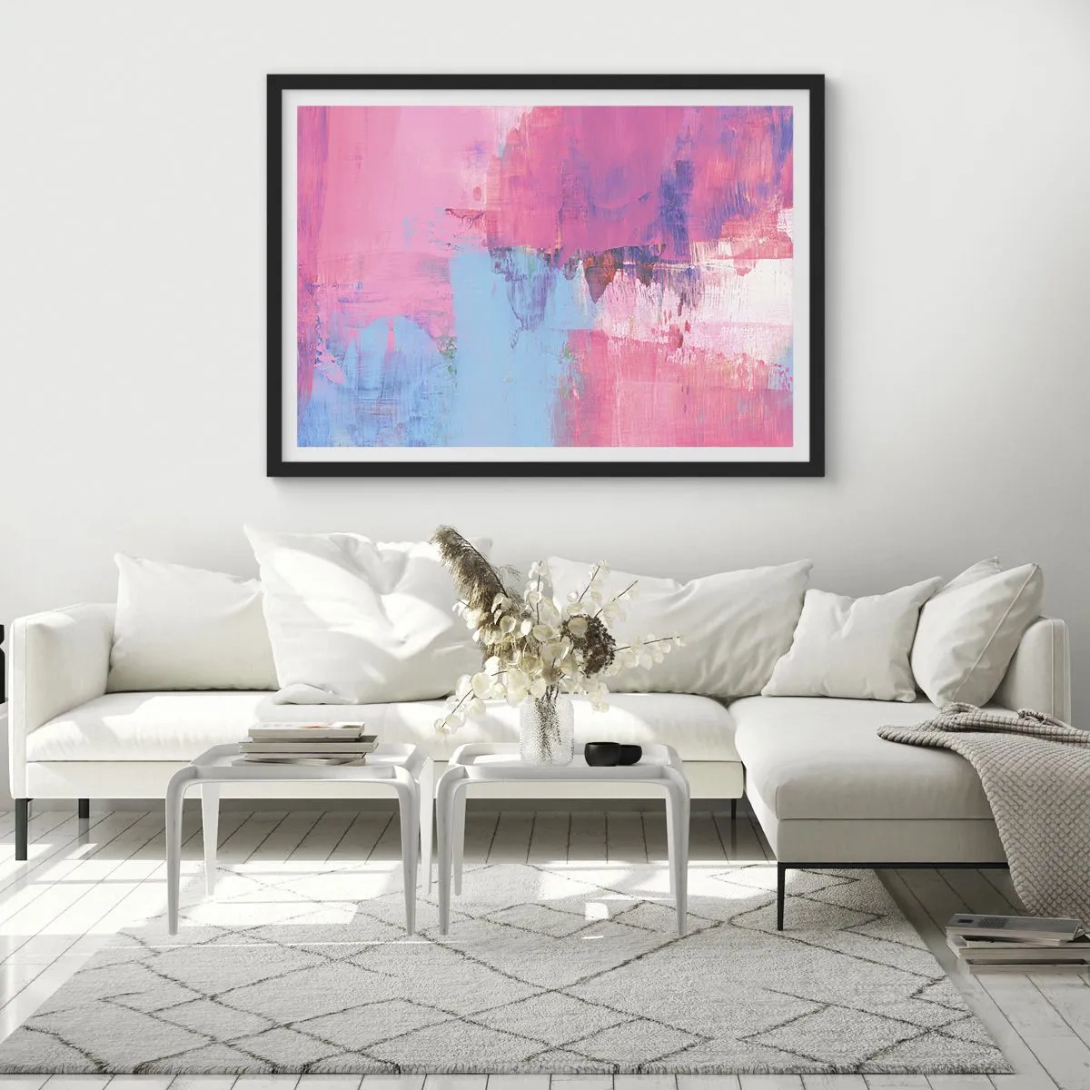 Poster in einem schwarzem Rahmen - Abstrakte Komposition in Pink und Blau - 100x70cm - Rosa, Blau und eine Prise Licht - Moderne Wanddekoration für Wohnzimmer und Schlafzimmer ARTTOR