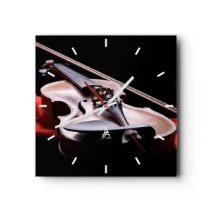 Wanduhr - Glasuhr - Geige auf rotem Stoff mit schwarzem Hintergrund - 30x30cm - Musik der Gefühle - Moderne Wanddekoration für Wohnzimmer und Schlafzimmer ARTTOR