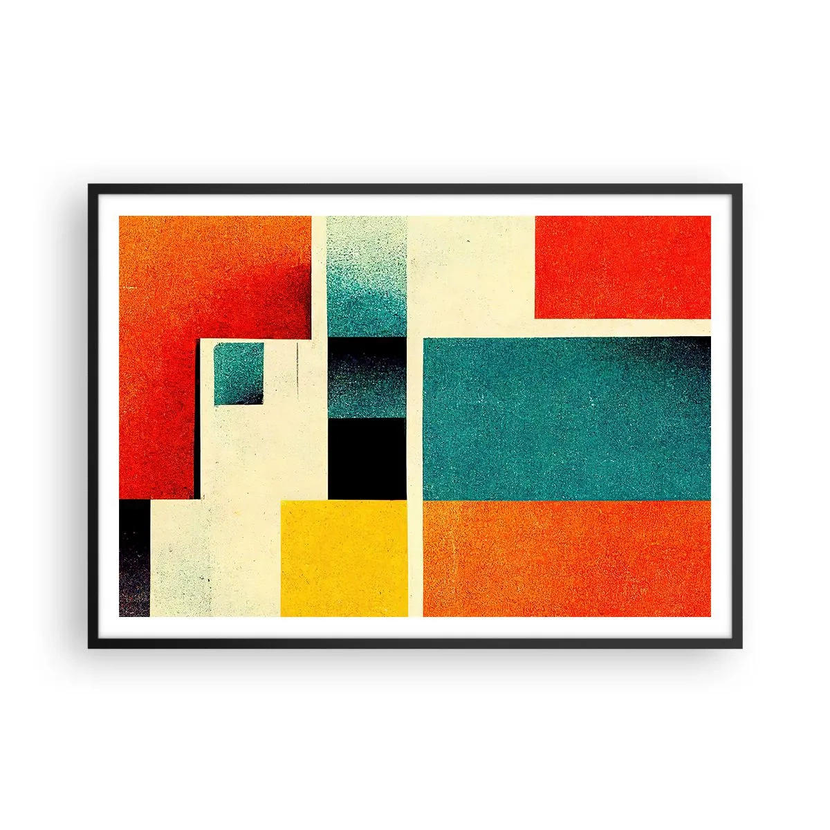 Poster in einem schwarzem Rahmen - Geometrische Abstraktion mit farbigen Rechtecken und Quadraten - 100x70cm - Geometrische Abstraktion – gute Energie - Moderne Wanddekoration für Wohnzimmer und Schlafzimmer ARTTOR