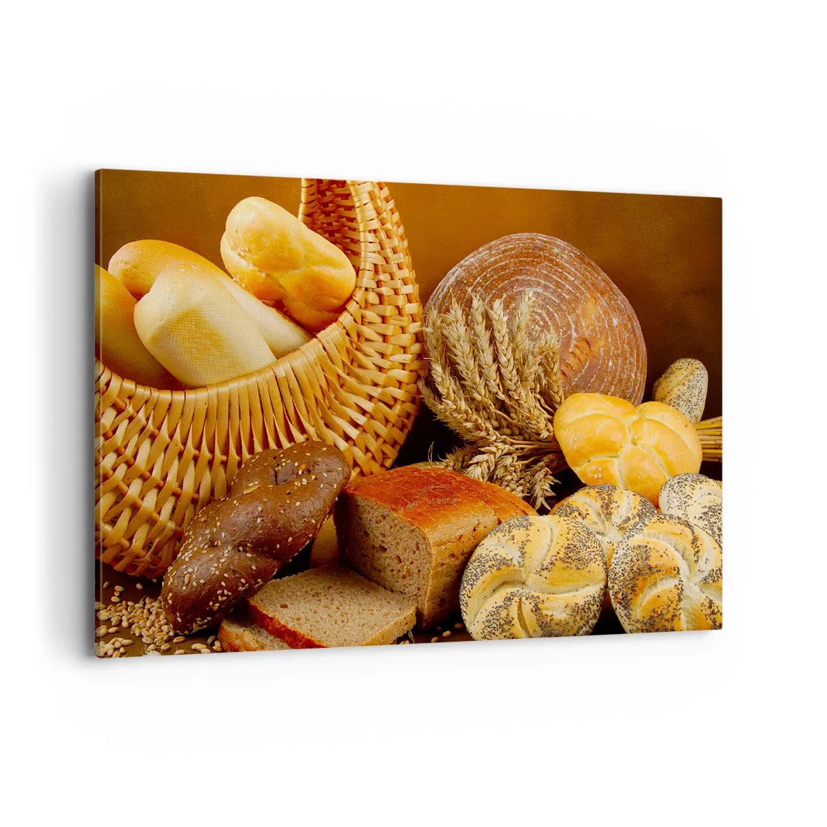 Bild auf Leinwand - Leinwandbild - Verschiedene Brotsorten in einem Weidenkorb auf goldenem Hintergrund - 120x80cm - Wir sind wieder davongekommen - Moderne Wanddekoration für Wohnzimmer und Schlafzimmer ARTTOR