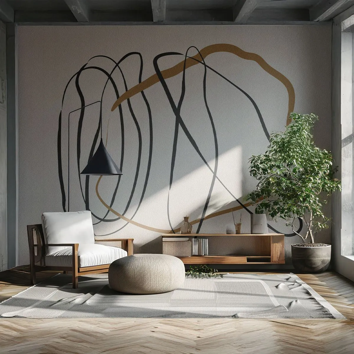 Fototapete Premium Sand - Dynamische, ausdrucksstarke Linien auf beigem Hintergrund. - 100x70cm - Komposition – Looptanz - Moderne Wanddekoration für Wohnzimmer und Schlafzimmer ARTTOR