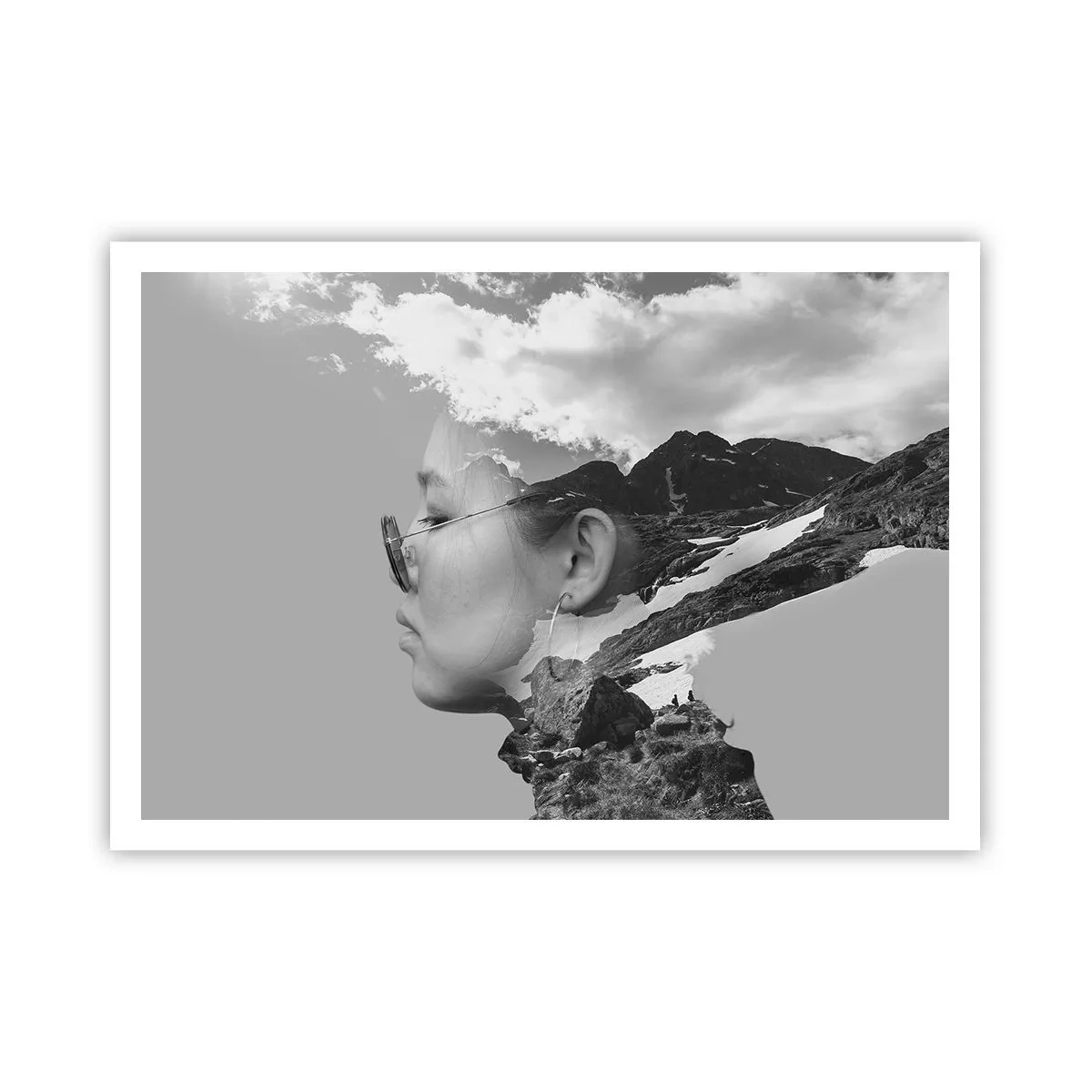 Poster - Eine Schwarz-Weiß-Komposition mit der Silhouette einer Frau und einer Berglandschaft. - 100x70cm - Top und bewölktes Porträt - Moderne Wanddekoration für Wohnzimmer und Schlafzimmer ARTTOR