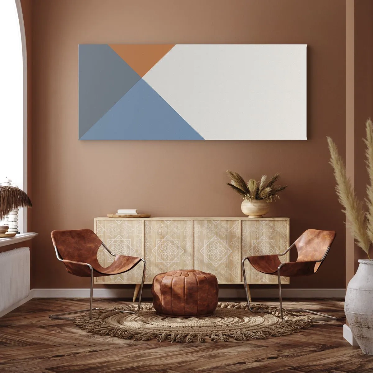 Bild auf Leinwand - Leinwandbild - Geometrische Dreiecke in Blau- und Orangetönen - 140x50cm - In einem Winkel… - Moderne Wanddekoration für Wohnzimmer und Schlafzimmer ARTTOR