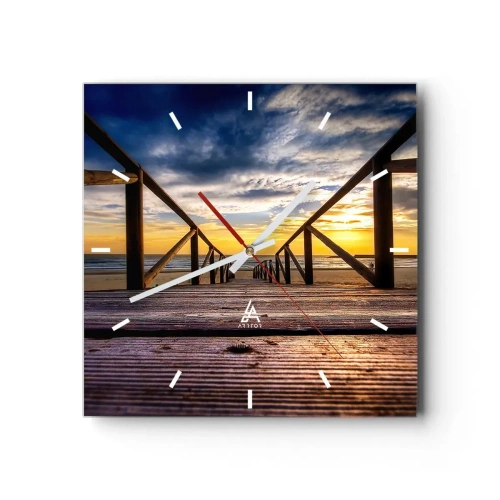 Wanduhr - Glasuhr - Holzsteg zum Strand bei Sonnenuntergang - 30x30cm - Direkt zum ruhigen Strand bei Sonnenuntergang - Moderne Wanddekoration für Wohnzimmer und Schlafzimmer ARTTOR