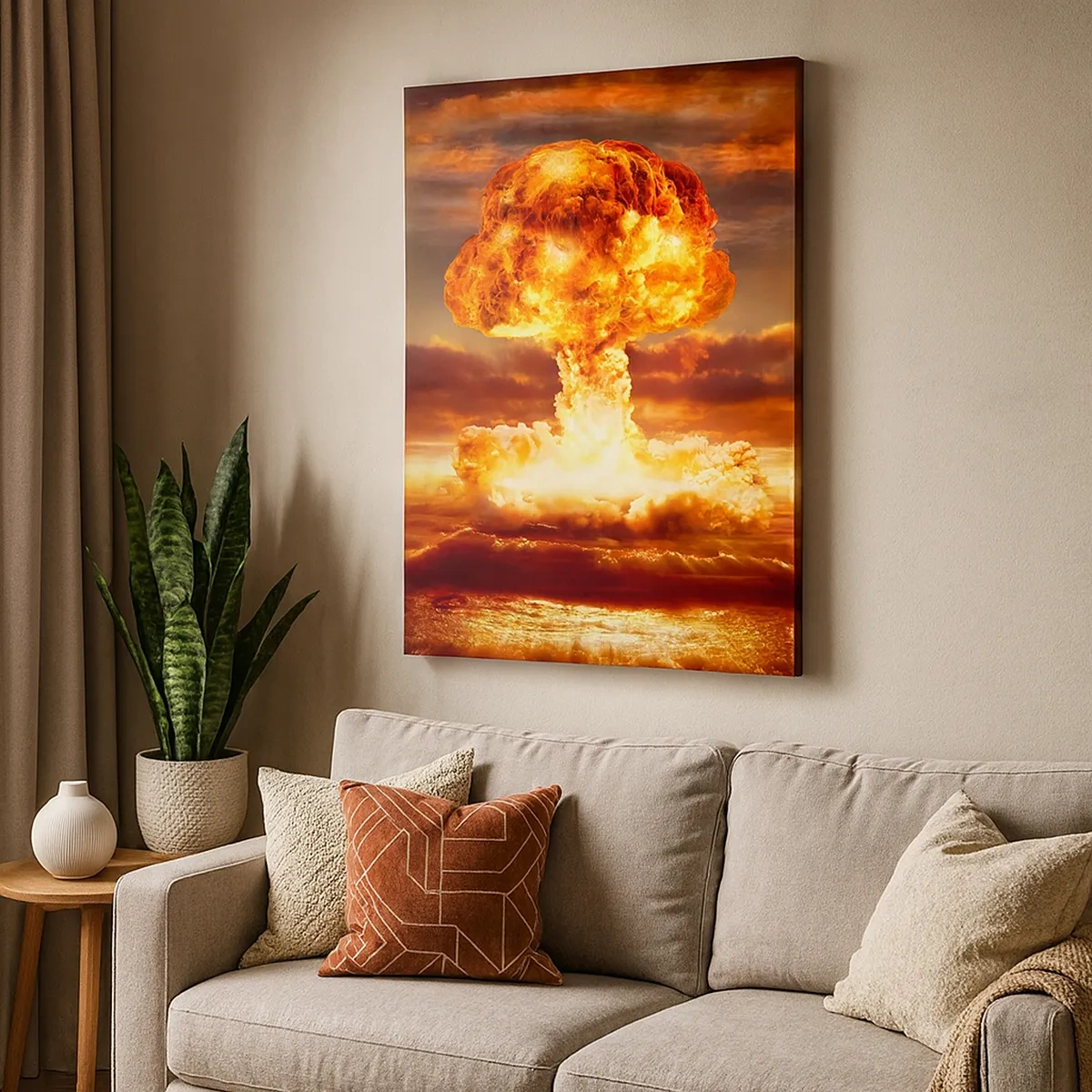 Bild auf Leinwand - Leinwandbild - Atompilz-Explosion vor dem Hintergrund eines Sonnenuntergangs - 50x70cm - Und das Ende wird kommen - Moderne Wanddekoration für Wohnzimmer und Schlafzimmer ARTTOR