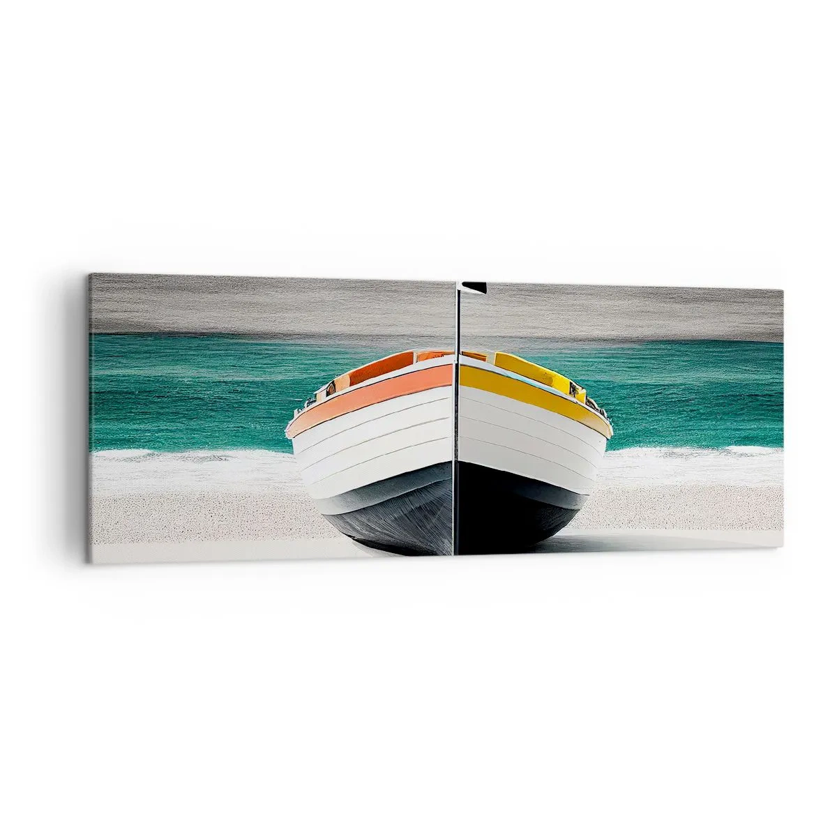 Bild auf Leinwand - Leinwandbild - Ein Boot am Strand mit türkisfarbenem Meer im Hintergrund - 140x50cm - An seinem Platz - Moderne Wanddekoration für Wohnzimmer und Schlafzimmer ARTTOR