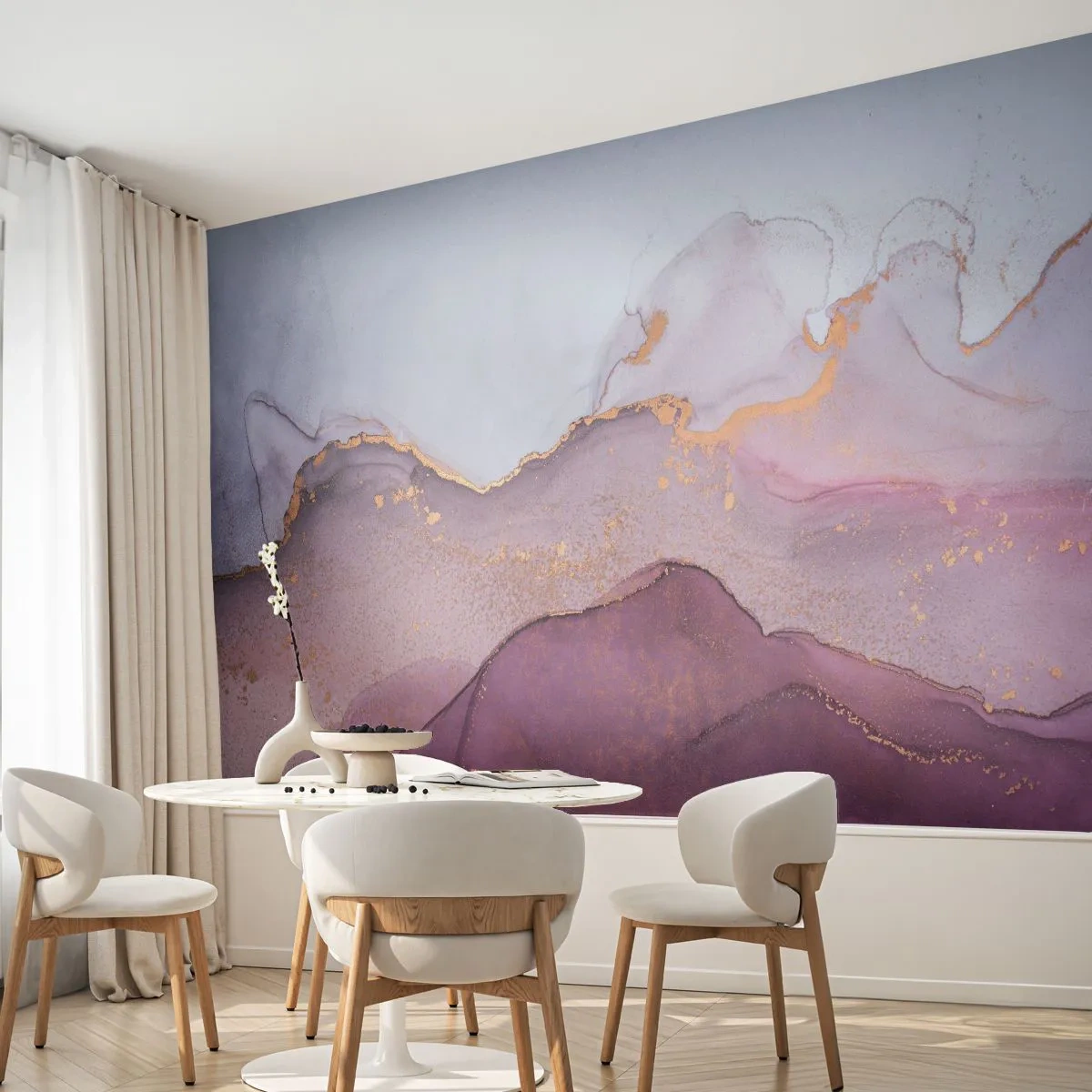 Fototapete Premium Sand - Abstrakte Aquarellkomposition in Lila- und Goldtönen - 100x70cm - Violett und lila Wellen - Moderne Wanddekoration für Wohnzimmer und Schlafzimmer ARTTOR