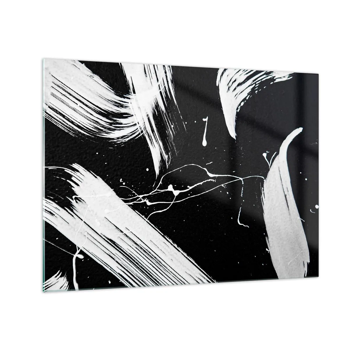 Glasbild - Bild auf glas - Weiße Pinselstriche auf schwarzem Hintergrund - 70x50cm - Dunkelheit durchbrechen - Moderne Wanddekoration für Wohnzimmer und Schlafzimmer ARTTOR