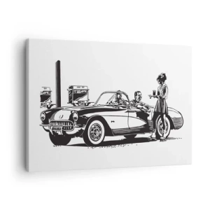 Bild auf Leinwand - Leinwandbild - Eine schwarz-weiße Retro-Szene mit einem Auto und einer Kellnerin auf Rollschuhen. - 70x50cm - 60. - unbeschwertes Amerika - Moderne Wanddekoration für Wohnzimmer und Schlafzimmer ARTTOR