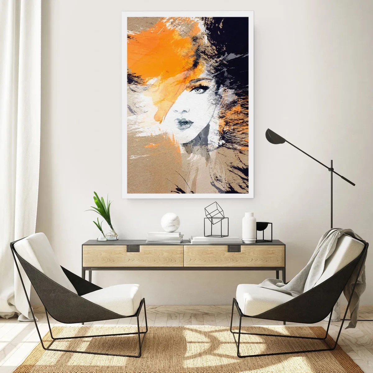 Poster - Porträt einer Frau im künstlerischen Stil mit orangefarbenen Akzenten - 50x70cm - Und es ist Licht - Moderne Wanddekoration für Wohnzimmer und Schlafzimmer ARTTOR