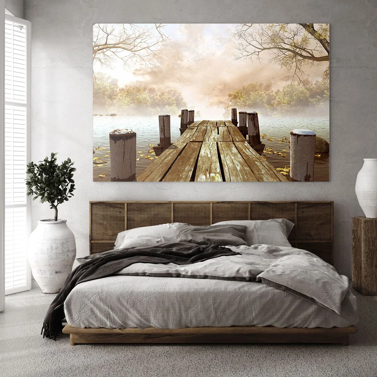 Glasbild - Bild auf glas - Ein Holzsteg über einem ruhigen See im Nebel - 70x50cm - Die milde Traurigkeit des Herbstes - Moderne Wanddekoration für Wohnzimmer und Schlafzimmer ARTTOR