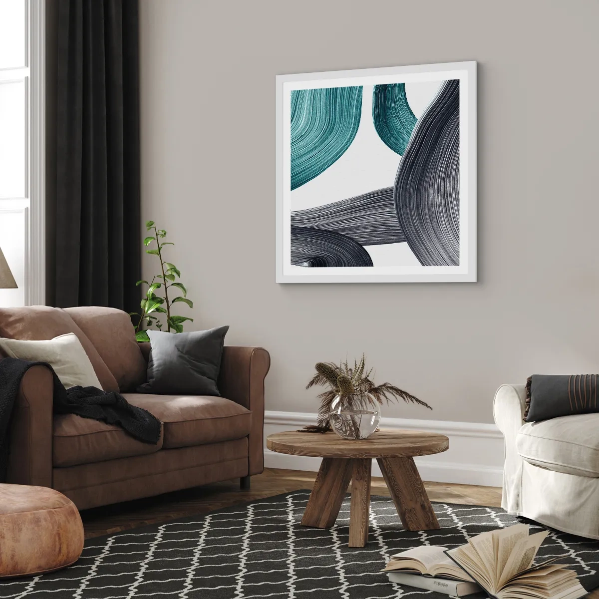 Poster in einem weißen Rahmen - Smaragdgrüne und schwarze Pfade - 60x60 cm