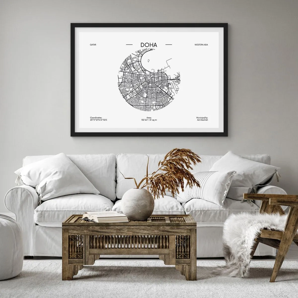 Poster in einem schwarzem Rahmen - Eine minimalistische Karte von Doha in Schwarzweiß mit präzisen Details. - 100x70cm - Anatomie von Doha - Moderne Wanddekoration für Wohnzimmer und Schlafzimmer ARTTOR