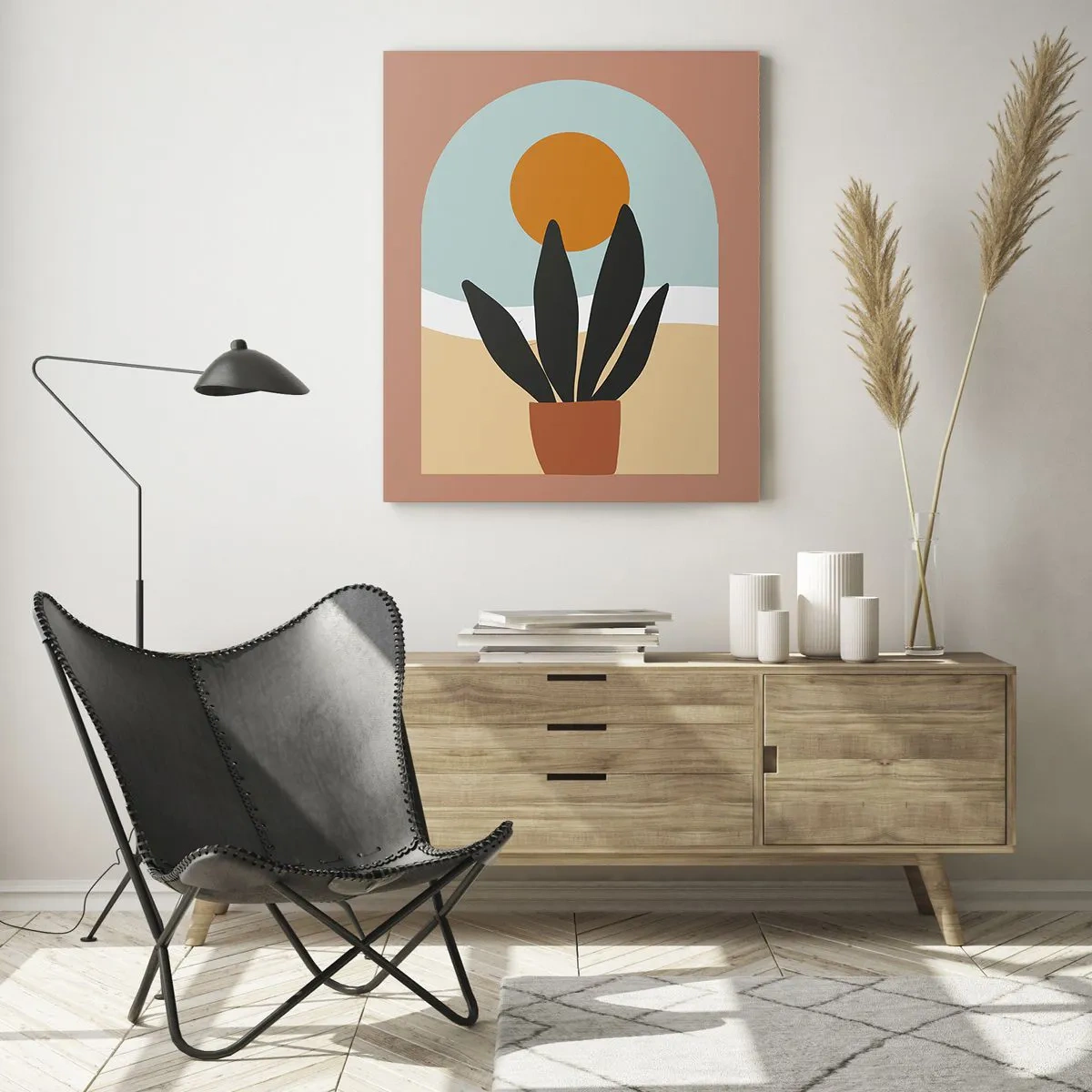 Glasbild - Bild auf glas - Eine abstrakte Szene mit einer Topfpflanze und der Sonne im Hintergrund, in Pastellfarben. - 50x70cm - Kleine Freuden - Moderne Wanddekoration für Wohnzimmer und Schlafzimmer ARTTOR