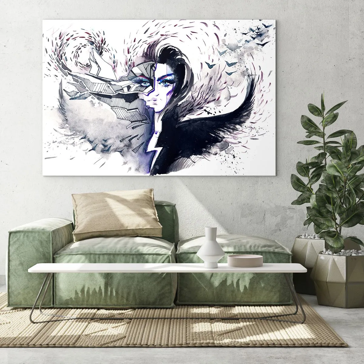 Glasbild - Bild auf glas - Abstraktes Porträt mit dynamischen Elementen und Schwarz - 100x70cm - Dämonisch und schön - Moderne Wanddekoration für Wohnzimmer und Schlafzimmer ARTTOR