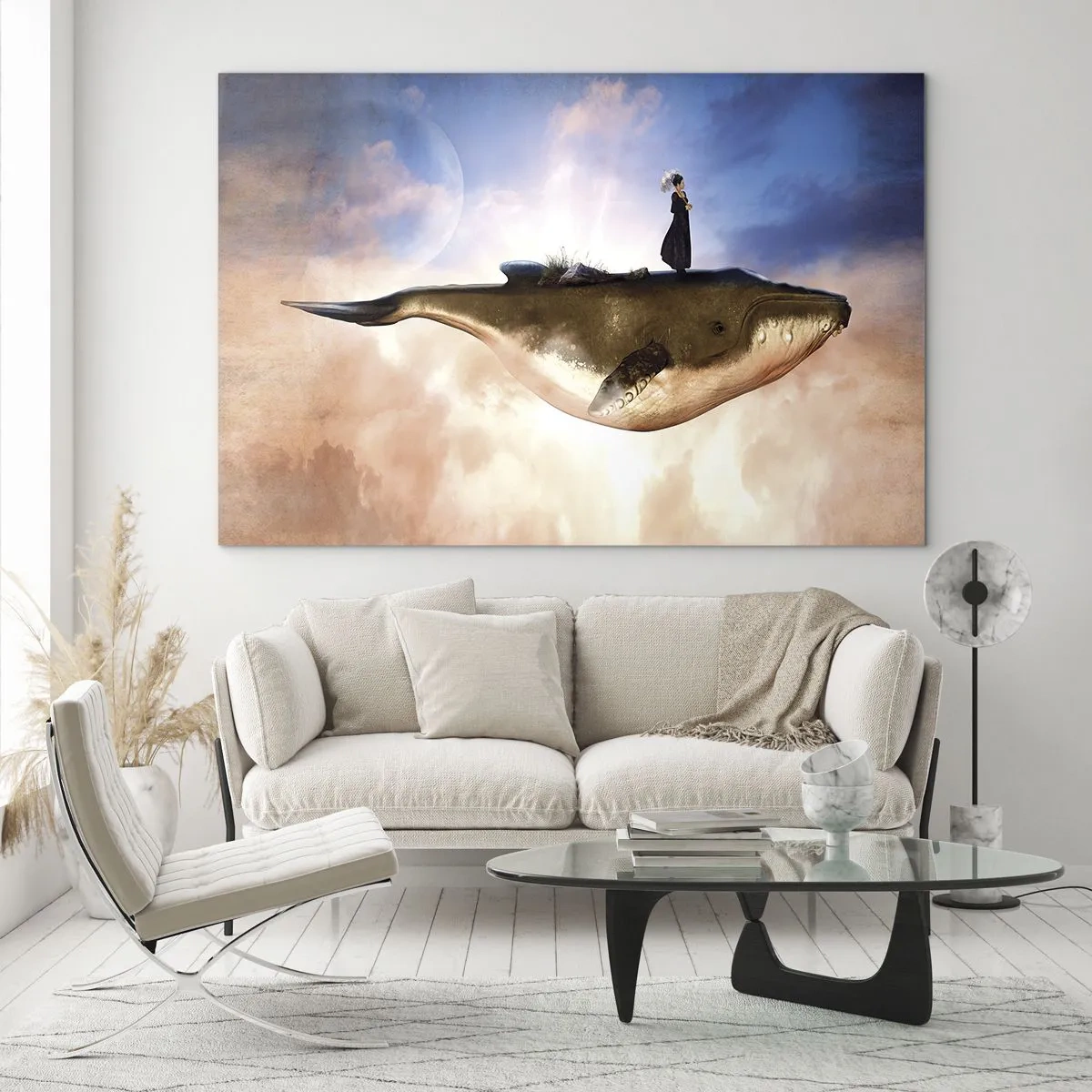 Glasbild - Bild auf glas - Ein Fantasiewal, der mit einer Frau auf seinem Rücken in den Wolken schwebt. - 70x50cm - Eine echte Reise - Moderne Wanddekoration für Wohnzimmer und Schlafzimmer ARTTOR