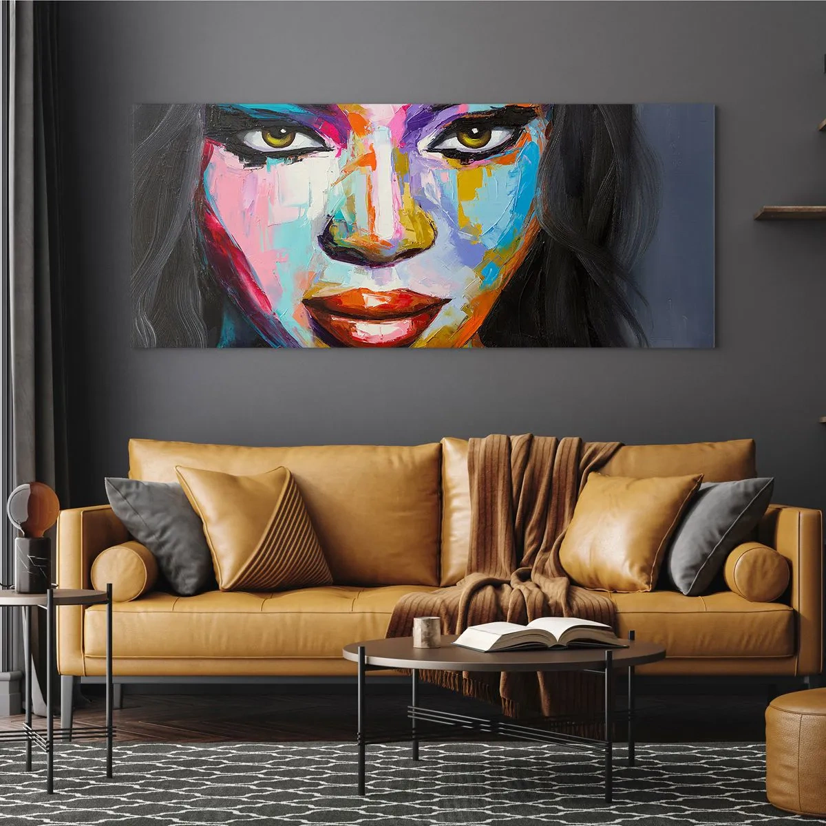 Glasbild - Bild auf glas - Ein farbenfrohes Porträt einer Frau mit intensivem Blick - 160x50cm - Es ist unmöglich die Augen abzuwenden - Moderne Wanddekoration für Wohnzimmer und Schlafzimmer ARTTOR