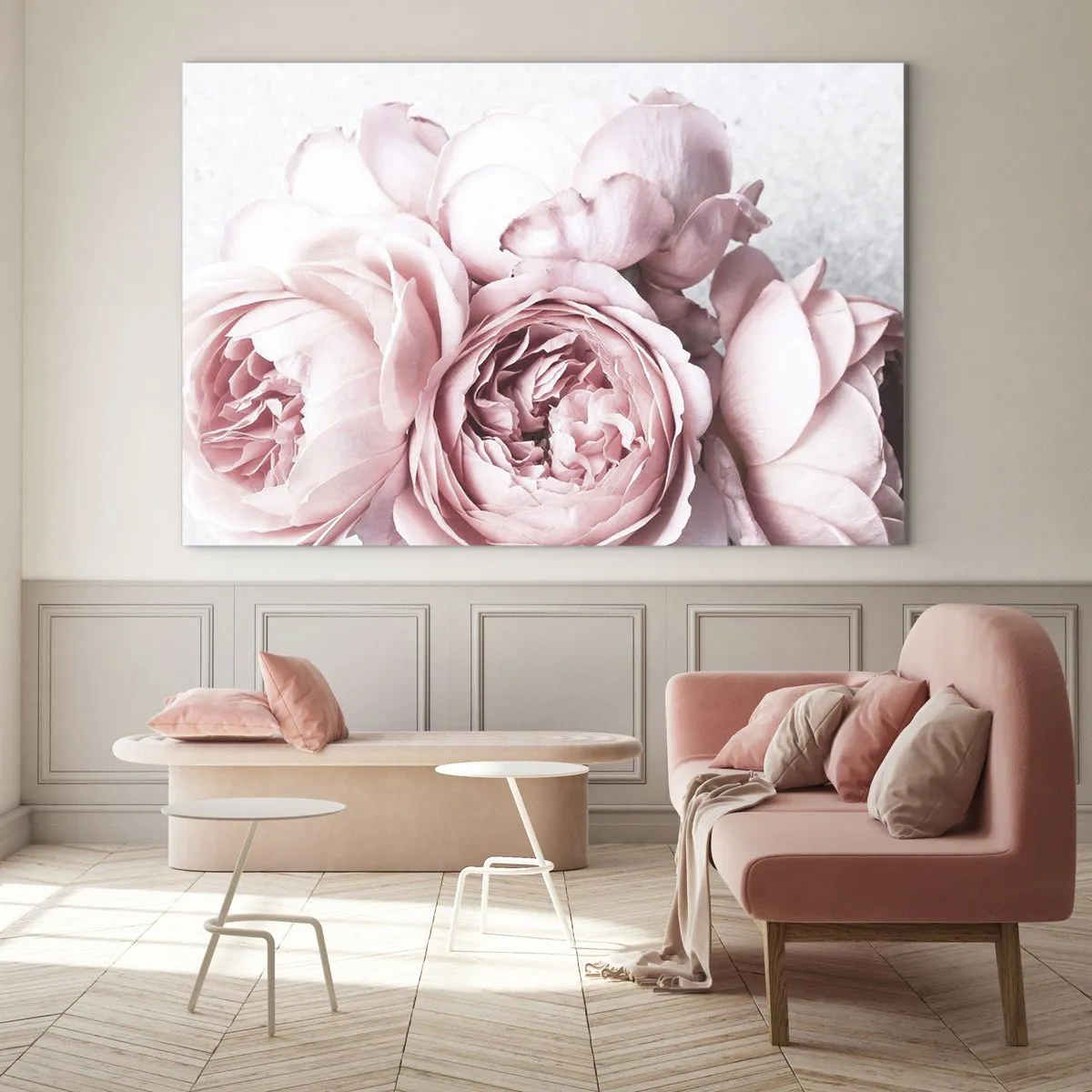 Glasbild - Bild auf glas - Nahaufnahme von rosa Pfingstrosenblüten in sanftem Licht - 120x80cm - Für Romantiker - Moderne Wanddekoration für Wohnzimmer und Schlafzimmer ARTTOR