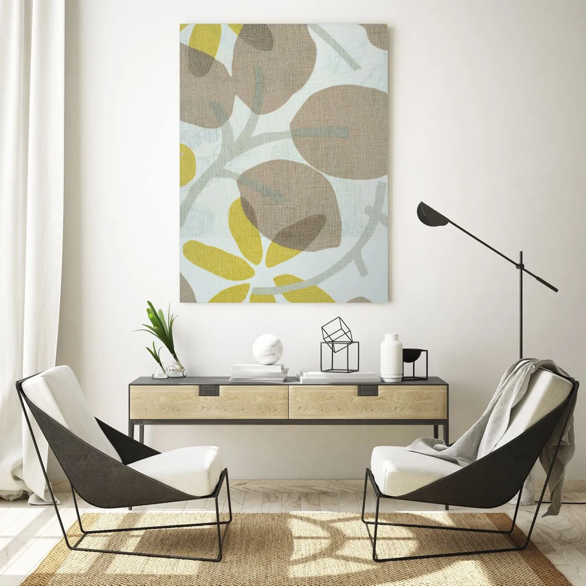 Glasbild - Bild auf glas - Abstrakte Blätter in Beige- und Gelbtönen - 80x120cm - Komposition in voller Sonne - Moderne Wanddekoration für Wohnzimmer und Schlafzimmer ARTTOR