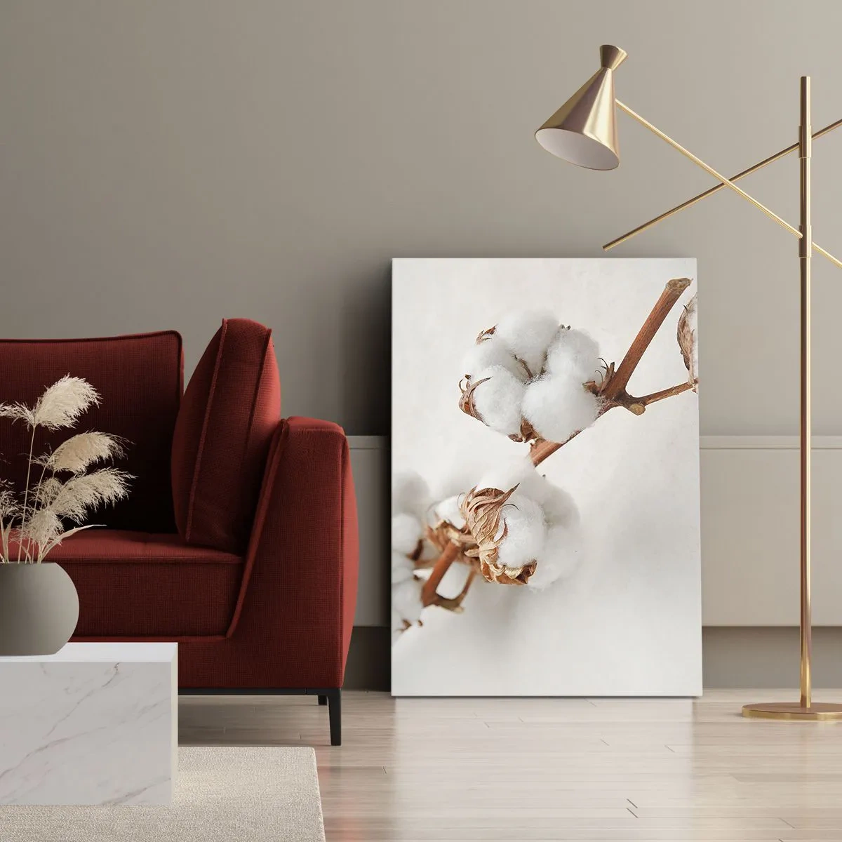 Bild auf Leinwand - Leinwandbild - Ein Zweig Baumwolle auf dezentem Untergrund - 70x100cm - Nur umarmen - Moderne Wanddekoration für Wohnzimmer und Schlafzimmer ARTTOR