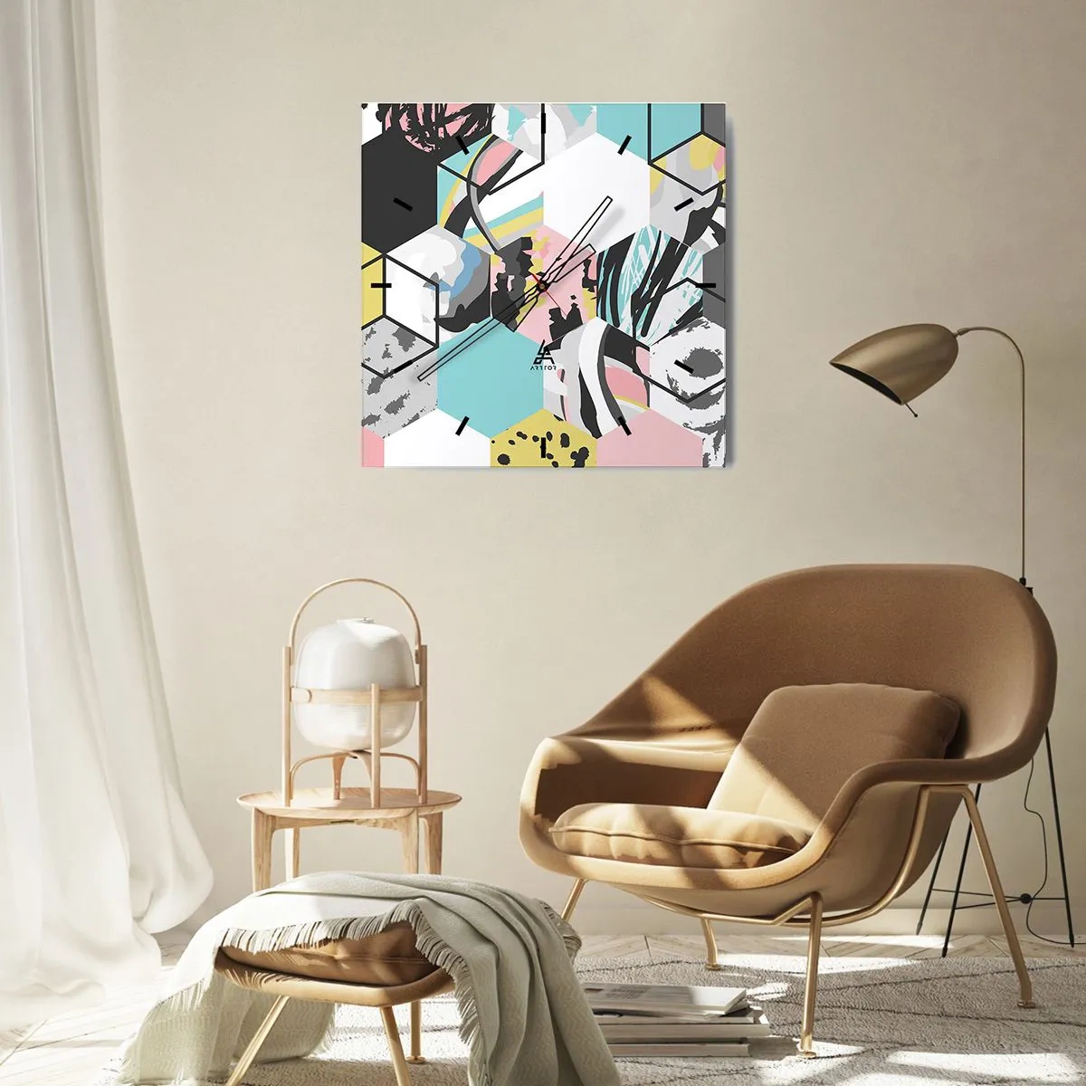 Wanduhr - Glasuhr - Sechsecke und Würfel in sechs Farben - 30x30 cm