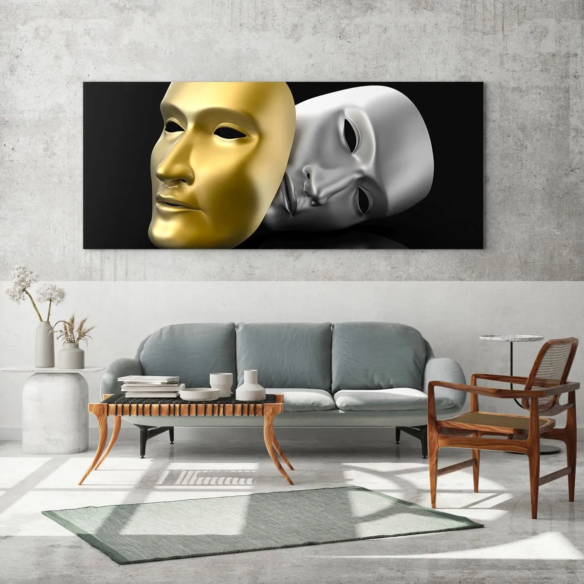 Glasbild - Bild auf glas - Gold- und Silbermaske auf schwarzem Hintergrund - 160x50cm - Das Leben ist wie ein Theater - Moderne Wanddekoration für Wohnzimmer und Schlafzimmer ARTTOR