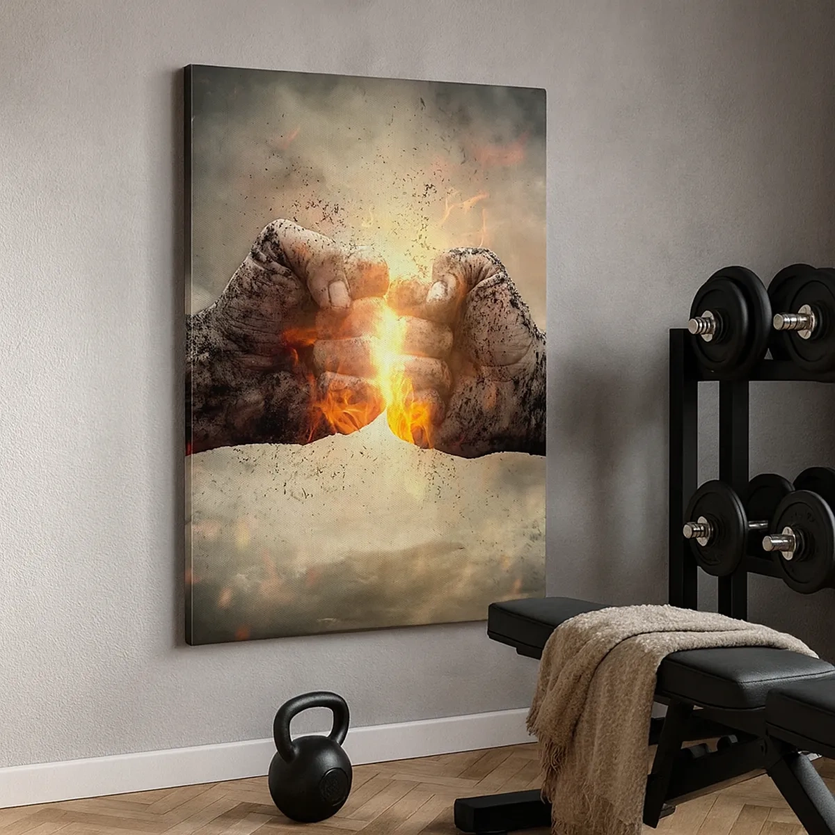 Bild auf Leinwand - Leinwandbild - Geballte Fäuste in einer dynamischen Brandszene - 50x70cm - Steh auf für einen Kampf - Moderne Wanddekoration für Wohnzimmer und Schlafzimmer ARTTOR