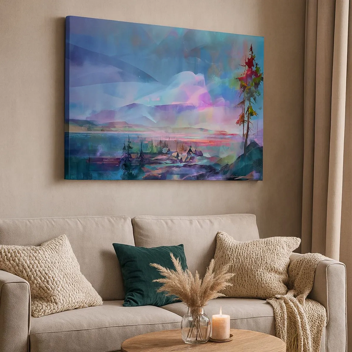 Bild auf Leinwand - Leinwandbild - Berglandschaft mit buntem Himmel und einem Dorf - 70x50cm - Unter einem wohlwollenden Himmel - Moderne Wanddekoration für Wohnzimmer und Schlafzimmer ARTTOR