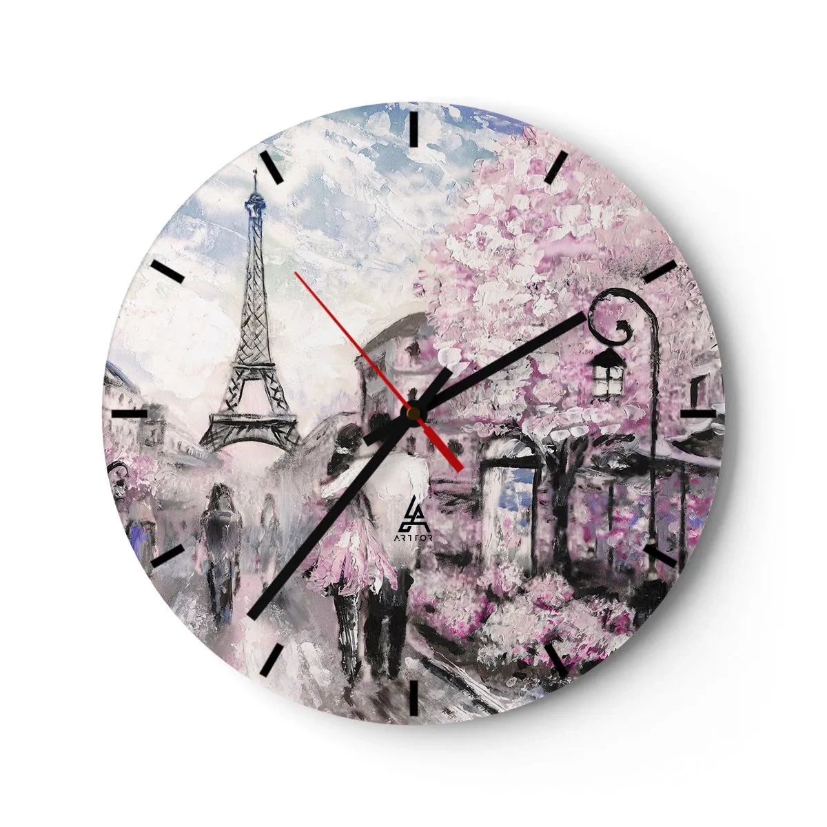 Wanduhr - Glasuhr - Romantischer Blick auf Paris mit dem Eiffelturm und blühenden Bäumen - 30x30cm - Wie man sich verlieben kann, ist nur in ... - Moderne Wanddekoration für Wohnzimmer, Küche und Schlafzimmer ARTTOR