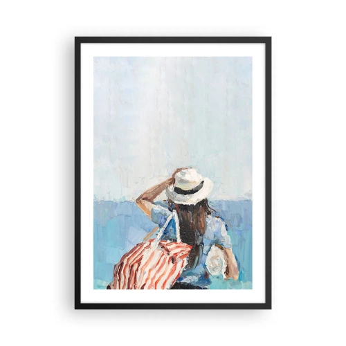 Poster in einem schwarzem Rahmen - Eine Frau mit Hut blickt aufs Meer - 50x70cm - Willkommen in den Sommerferien - Moderne Wanddekoration für Wohnzimmer und Schlafzimmer ARTTOR