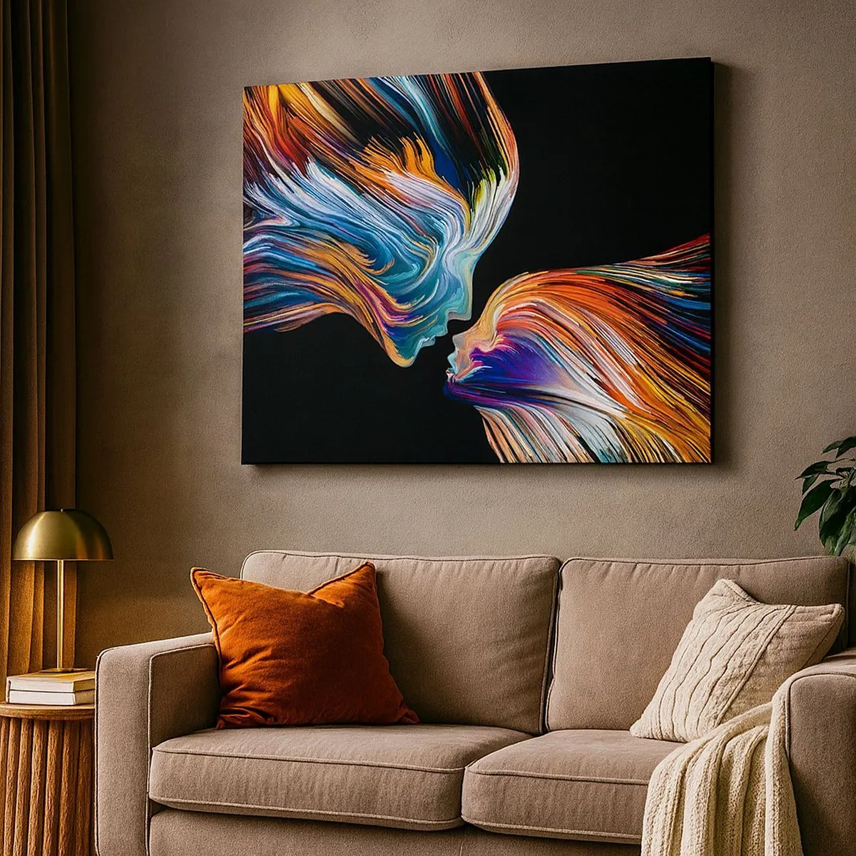 Bild auf Leinwand - Leinwandbild - Bunte Silhouetten von Gesichtern in dynamischen Strömen auf schwarzem Hintergrund - 70x50cm - Eine Verschmelzung von Energie und Licht - Moderne Wanddekoration für Wohnzimmer und Schlafzimmer ARTTOR