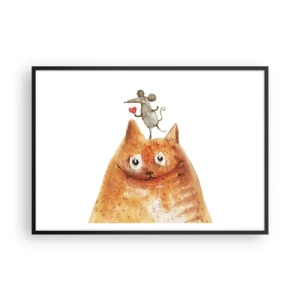 Poster in einem schwarzem Rahmen - Eine Zeichnung einer Katze mit einer Maus auf dem Kopf, die ein Herz hält - 100x70cm - Paradoxien der Liebe - Moderne Wanddekoration für Wohnzimmer und Schlafzimmer ARTTOR