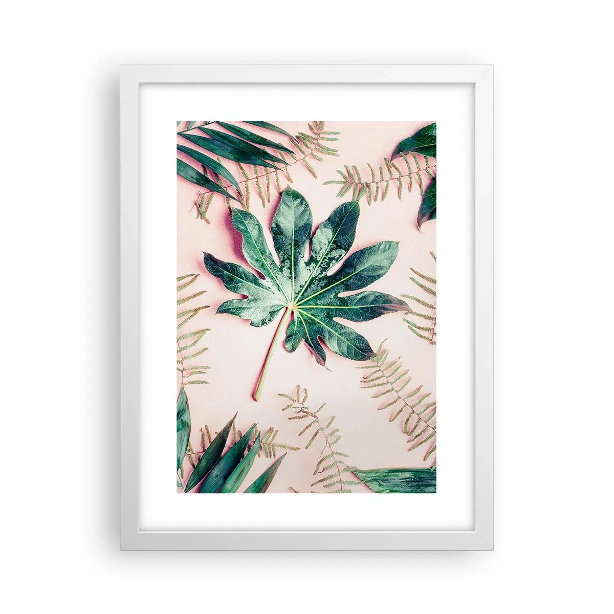 Poster in einem weißen Rahmen - Eine Studie von Grün auf einem rosa Hintergrund - 30x40 cm