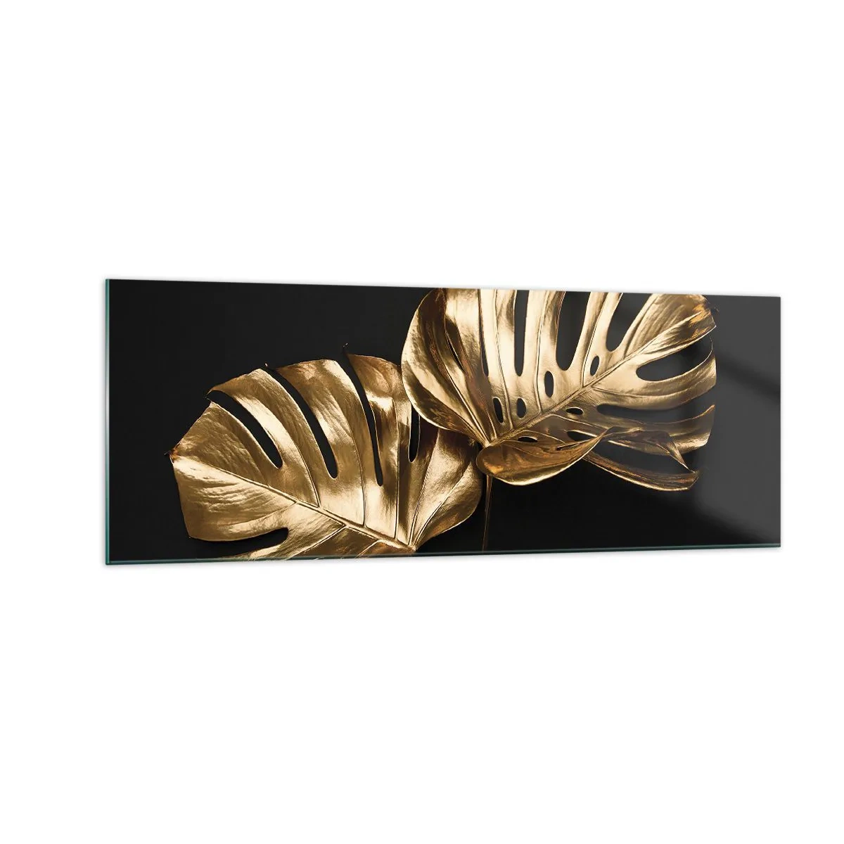 Glasbild - Bild auf glas - Goldene Monstera-Blätter auf schwarzem Hintergrund - 140x50cm - Die Schätze der Natur - Moderne Wanddekoration für Wohnzimmer und Schlafzimmer ARTTOR